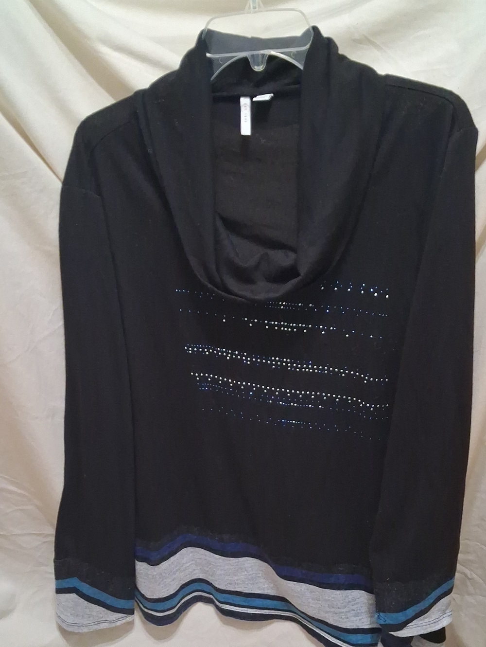 Black Cowl Neck Sweater with Rhinestone Stripe Detail